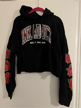 Ink Addict Black Cropped Hoodie with Red Rose Sleeve Graphics